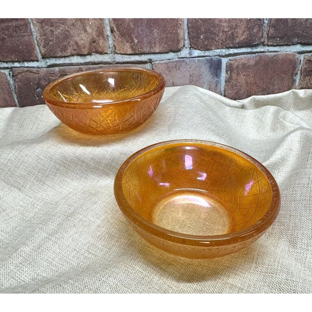 Vintage Marigold‎ Crackle Carnival Glass Iridescent Berry Bowls Set of 2